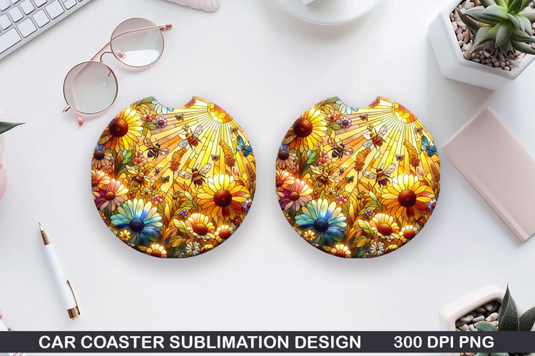 Flower Car Coaster Sublimation| Summer Coaster PNG Design