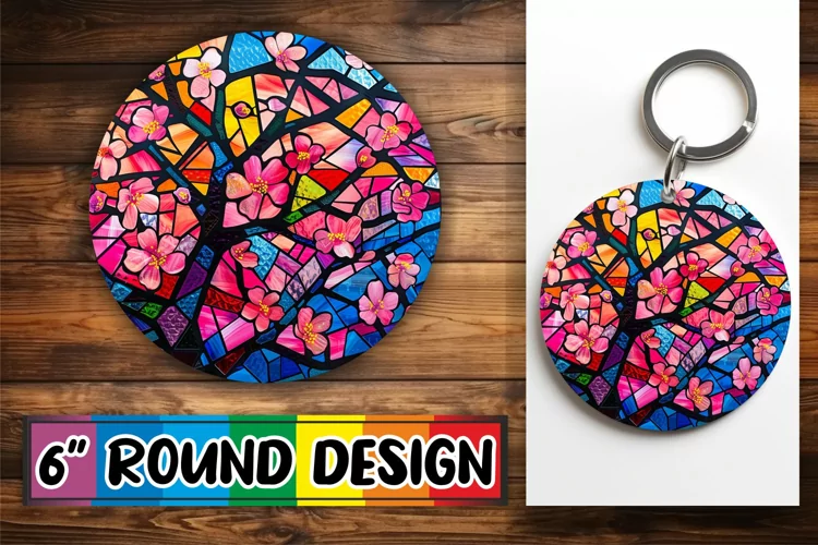 Vibrant Stained Glass Tree Keychain Round Design Art