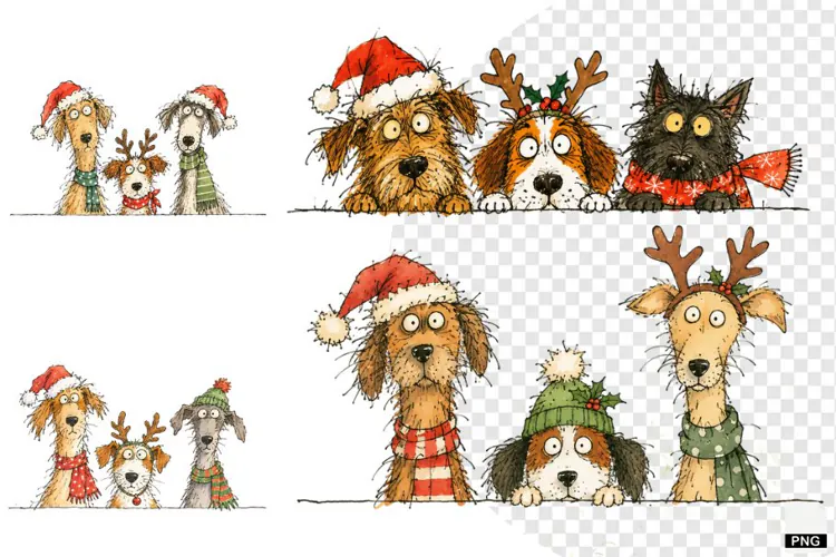 Whimsical Christmas Dogs Peeking PNG