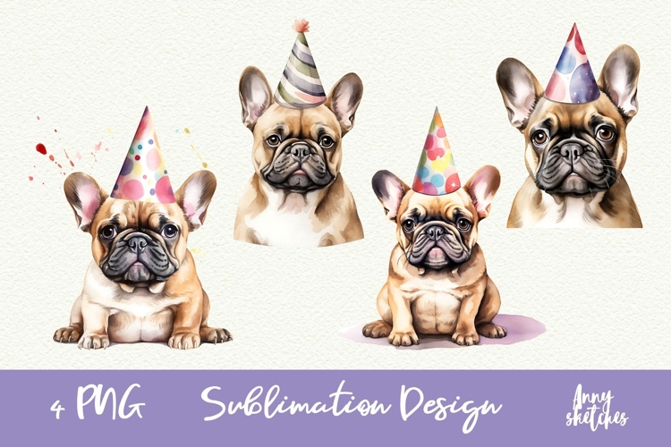 4 French Bulldog Birthday Party Hat Watercolor Clipart PNG
