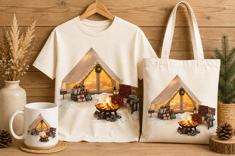 Cozy Winter Camping Tent with Fire Pit Art Print