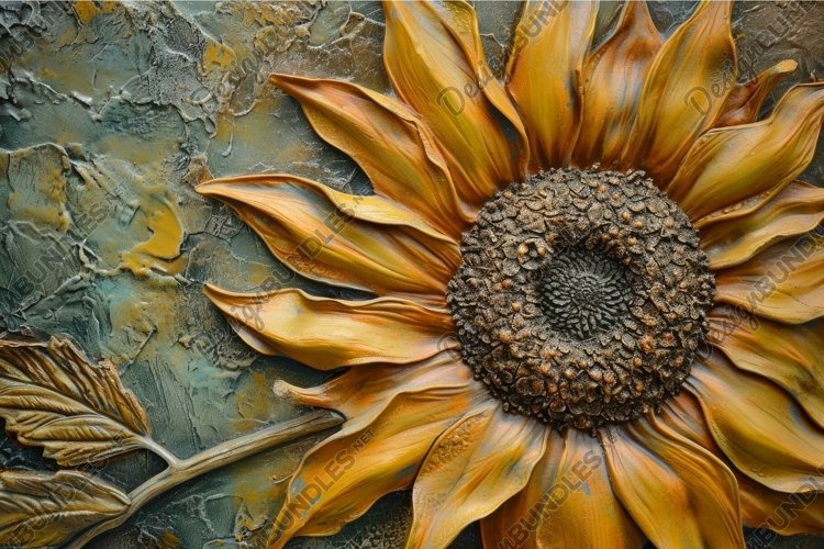 Closeup of an artistic sunflower basrelief with detailed tex example image 1