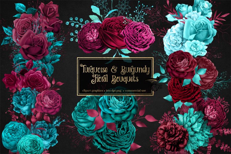 Turquoise and Burgundy Floral Bouquets Clipart example image 1