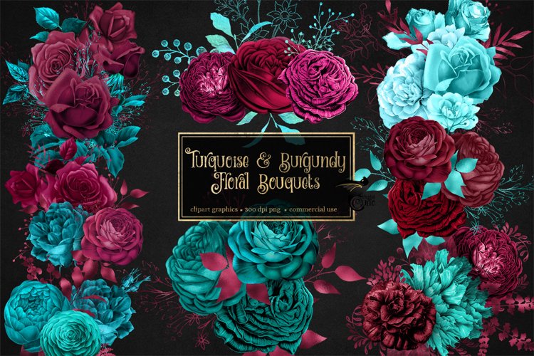 Turquoise and Burgundy Floral Bouquets Clipart example image 1