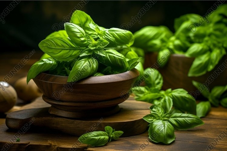 Fresh basil leaves in wooden bowl