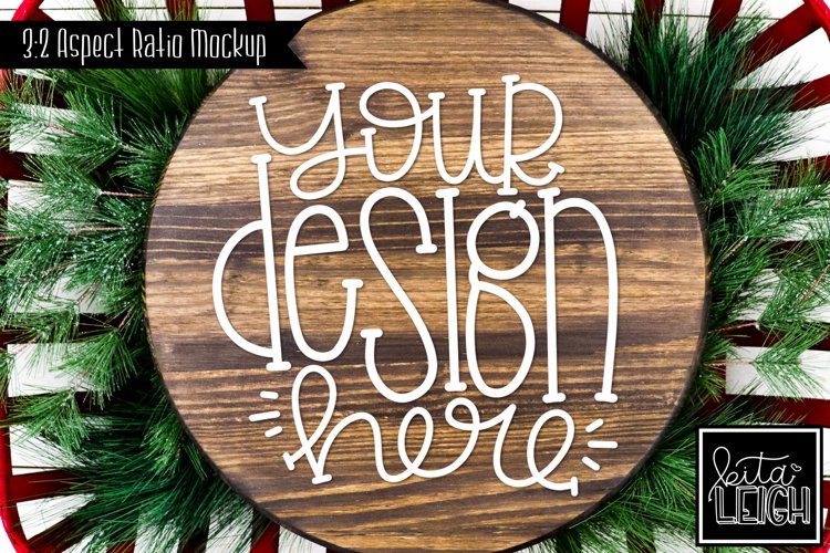 Wood Round Christmas Mockup with Pine | Stylized Photo example image 1