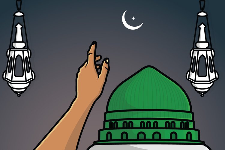 Hand Showing Ramadan Kareem Moon with Madina Masjid design.