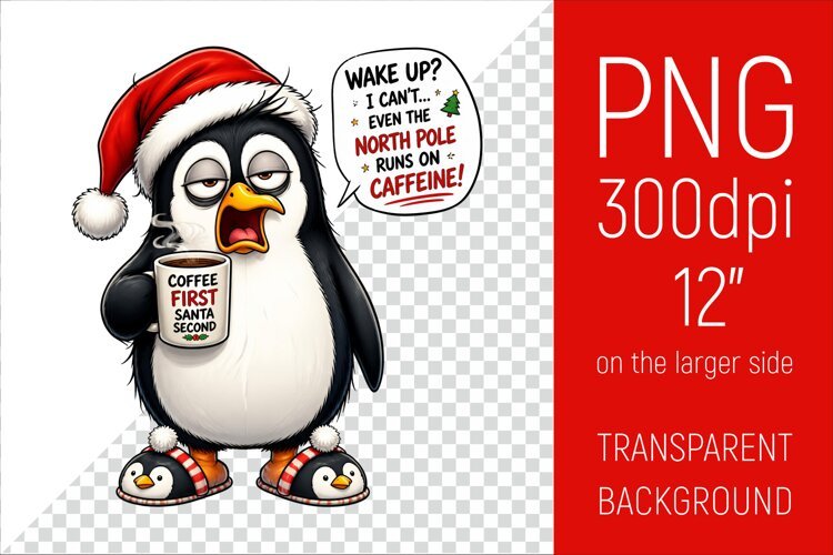 Funny Morning Coffee White Penguin in Santa Hat example image 1