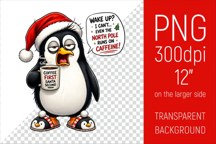 Funny Morning Coffee White Penguin in Santa Hat