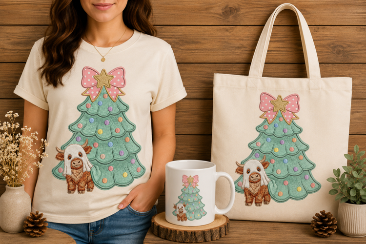 Highland Cow Ghost Christmas Tree Embroidery Design
