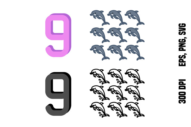 Number Nine and Dolphins. Color and Line