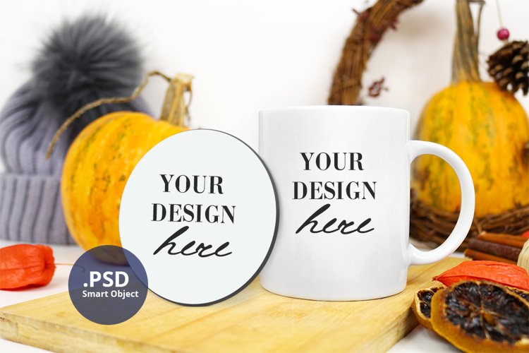 Coffee Mug & Round Coaster mockup, Mug & Coaster Mockup PSD example image 1