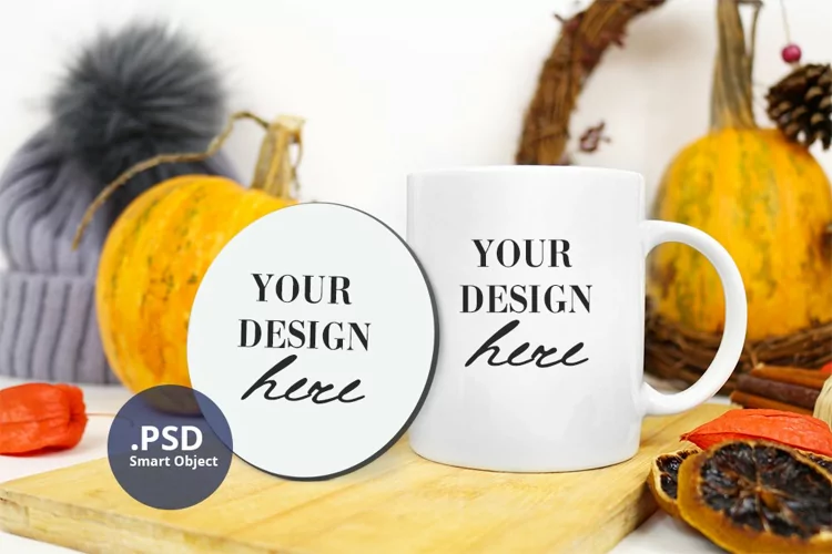 Coffee Mug & Round Coaster mockup, Mug & Coaster Mockup PSD