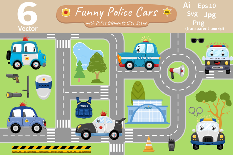 Funny Police Cars Set with City Scene and Police Elements