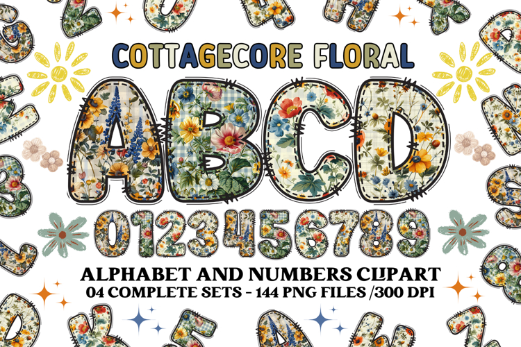 Cottagecore Alphabet png clipart, Floral letters doodle