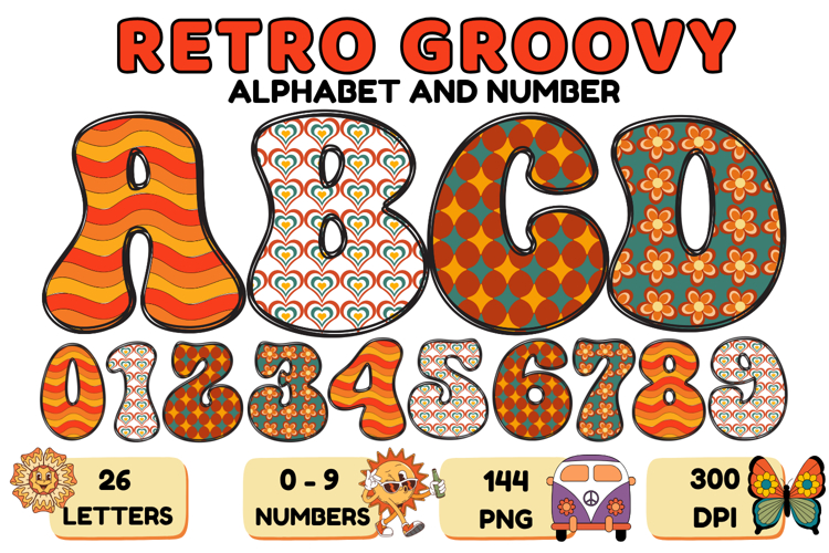 Retro Groovy Alphabert PNG 70s Numbers & Letters 300 DPI