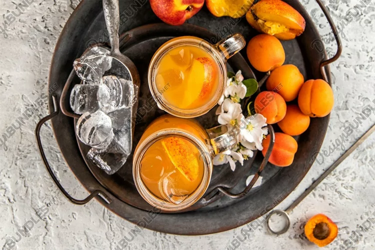 Cold summer drink peach fruits flowers stock photo