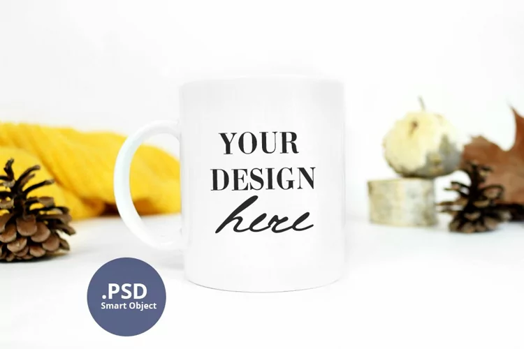 Autumn mug mockup, Minimalist 11oz mug mockup full wrap PSD