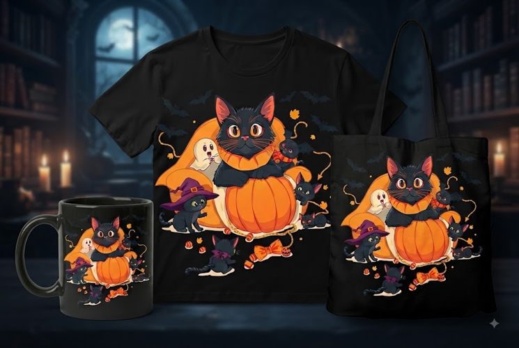 Halloween Black Cat & Kittens PNG | Pumpkin Witch Clipart