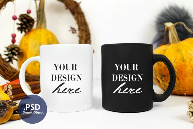Two coffee mug mockup Winter, White & Black mug mockup PSD