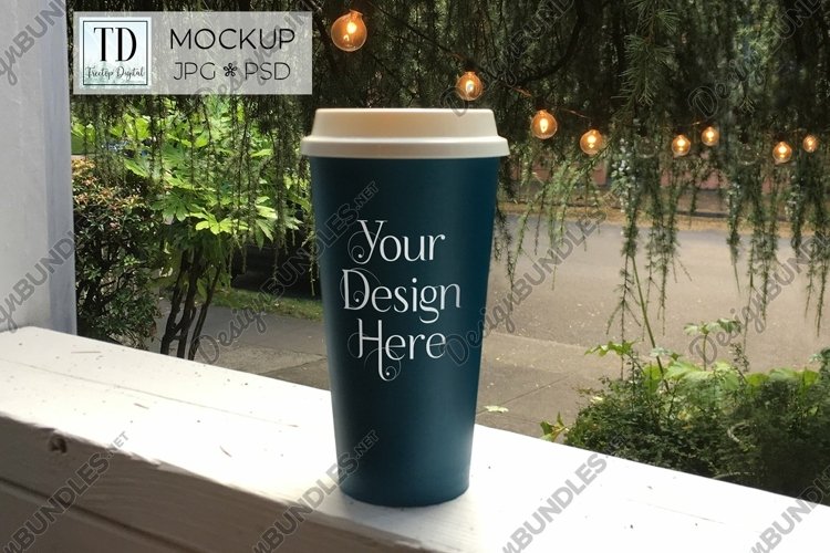 Teal Coffee Travel Mug Mockup, PSD w/Smart Object & JPG File example image 1