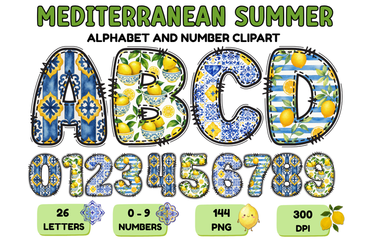 Mediterranean Lemon Alphabet PNG Summer Letters 300 DPI