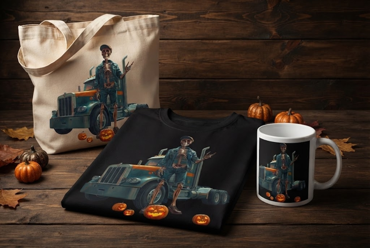 Skeleton Trucker Halloween Design with Big Rig and Pumpkins