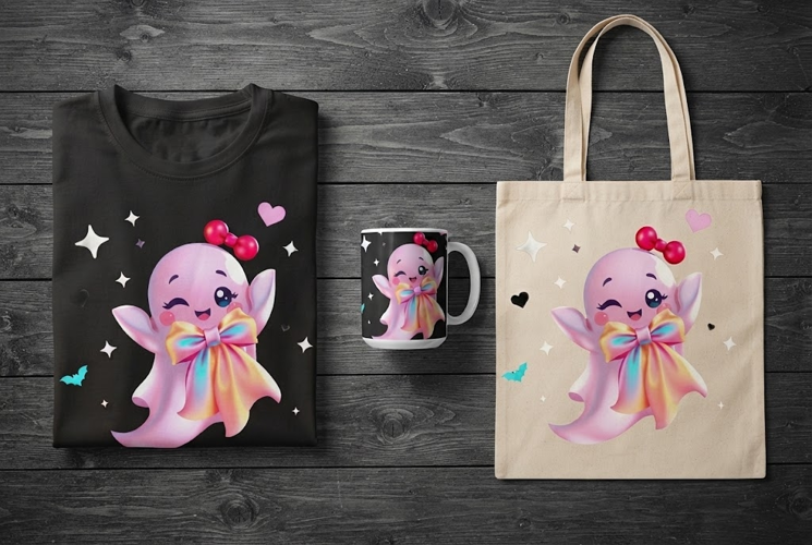 Cute Pink Ghost PNG | Kawaii Rainbow Bow Halloween Clipart