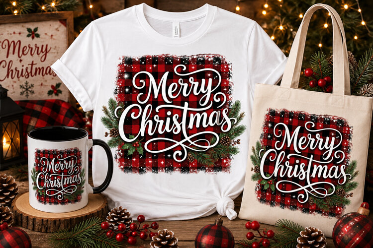 Merry Christmas Buffalo Plaid PNG | Rustic Holiday Design example image 1