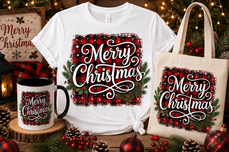Merry Christmas Buffalo Plaid PNG | Rustic Holiday Design