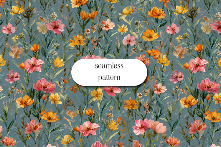 Seamless Blue Background Floral Pattern with Wildflowers