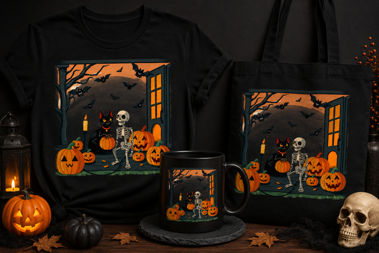 Halloween Black Cat & Skeleton PNG | Pumpkin Spooky Clipart