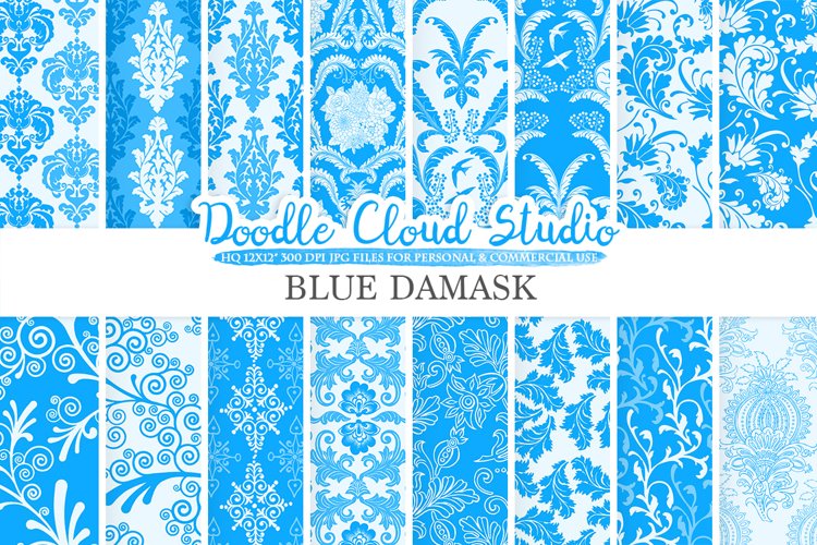 Blue Damask digital paper, Swirls patterns, Digital Floral Damask, Blue background, Instant Download for Personal & Commercial Use example image 1