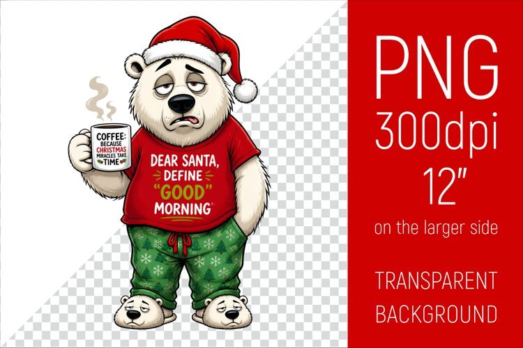Funny Morning Coffee White Bear in Santa Hat example image 1