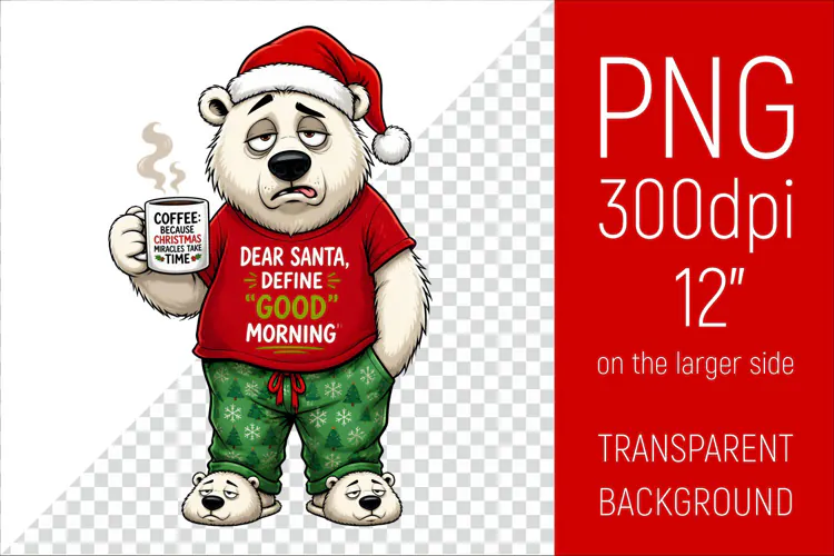 Funny Morning Coffee White Bear in Santa Hat