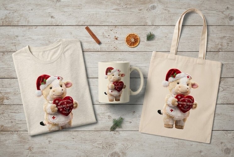 Christmas Nurse Cow Healing Hearts Holiday Art Print example image 1