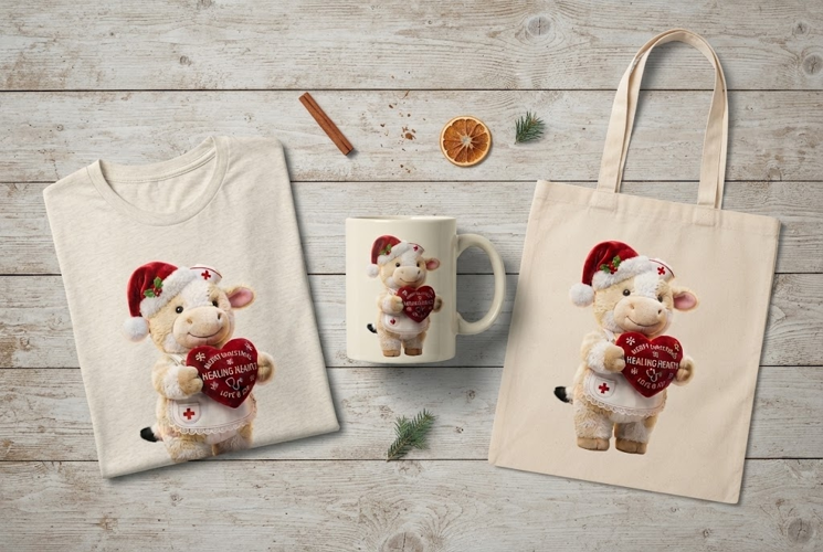 Christmas Nurse Cow Healing Hearts Holiday Art Print