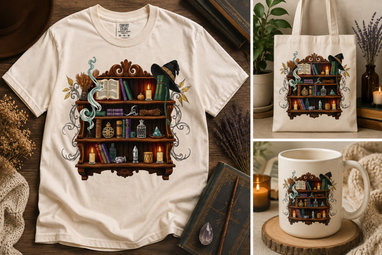 Witchy Bookshelf PNG | Magical Library Halloween Clipart