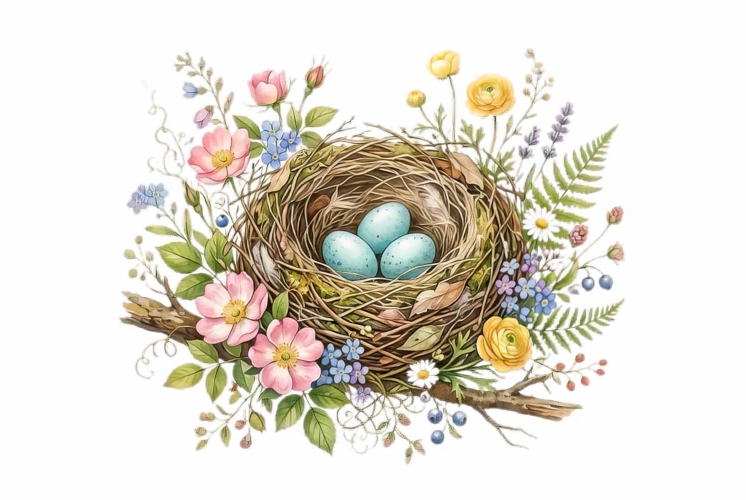 Watercolor bird nest with eggs and flowers