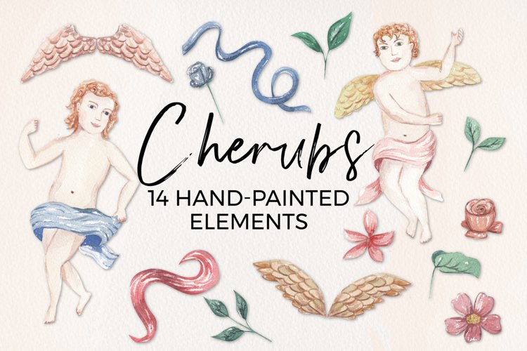 Cherubs Watercolor 14 Elements Ribbons Flowers Florals example image 1
