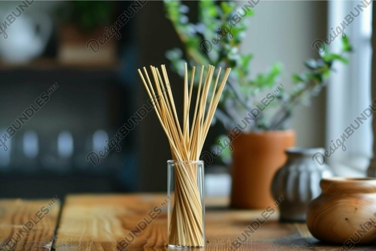 Aromatic reed diffuser standing on rustic wooden table with example image 1