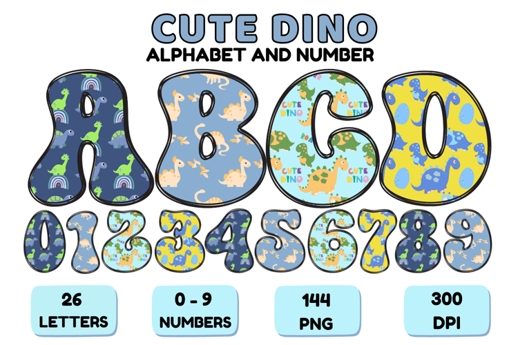 Cute Dinisaur Alphabet & Numbers PNG - 300 DPI Clipart