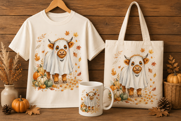 Cute Ghost Highland Cow Watercolor Print, Halloween Fall Art