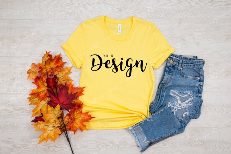 Bella Canvas 3001 Yellow T-shirt Mockup for Fall example image 1