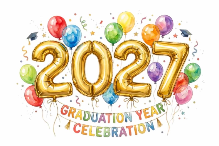 golden metallic foil number balloons spelling 2027