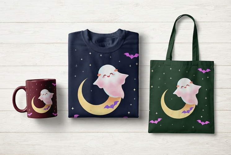 Kawaii Ghost on Crescent Moon PNG | Cute Halloween