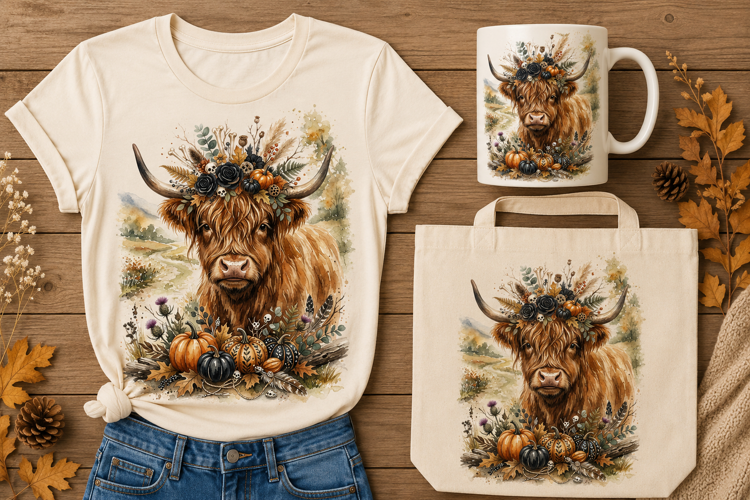 Highland Cow Black Roses Skulls Autumn Halloween Art