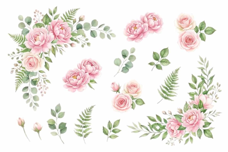 Watercolor soft bouquet with green leaves