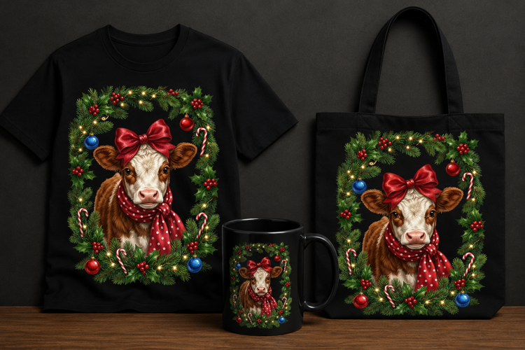Cute Christmas Cow Wreath PNG Holiday Clipart Design Gift