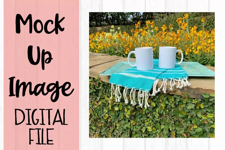 Two Mugs on Tray Outdoors Mock Up